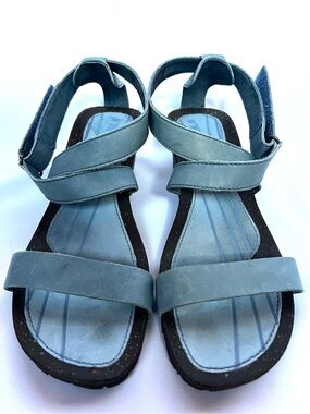 Teva Blue Leather Wedge Sandals Hook Loop Comfort Size 9.5